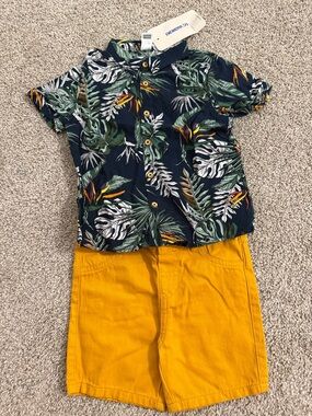 Kids Navy Tropical Shirt & Mustard Shorts Matching Set %100 cotton